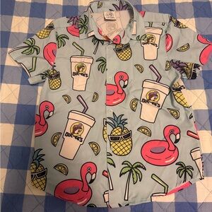Buc-ee's Tropical Flamingo & Pineapple Short Sleeve Button Shirt - Light Blue